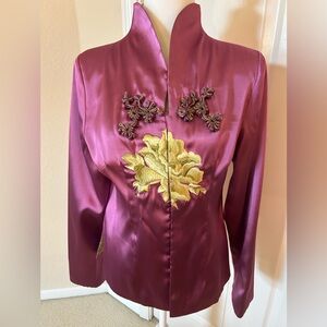 Satin Asian Inspired Jacket with flower embroidery and satin piping details